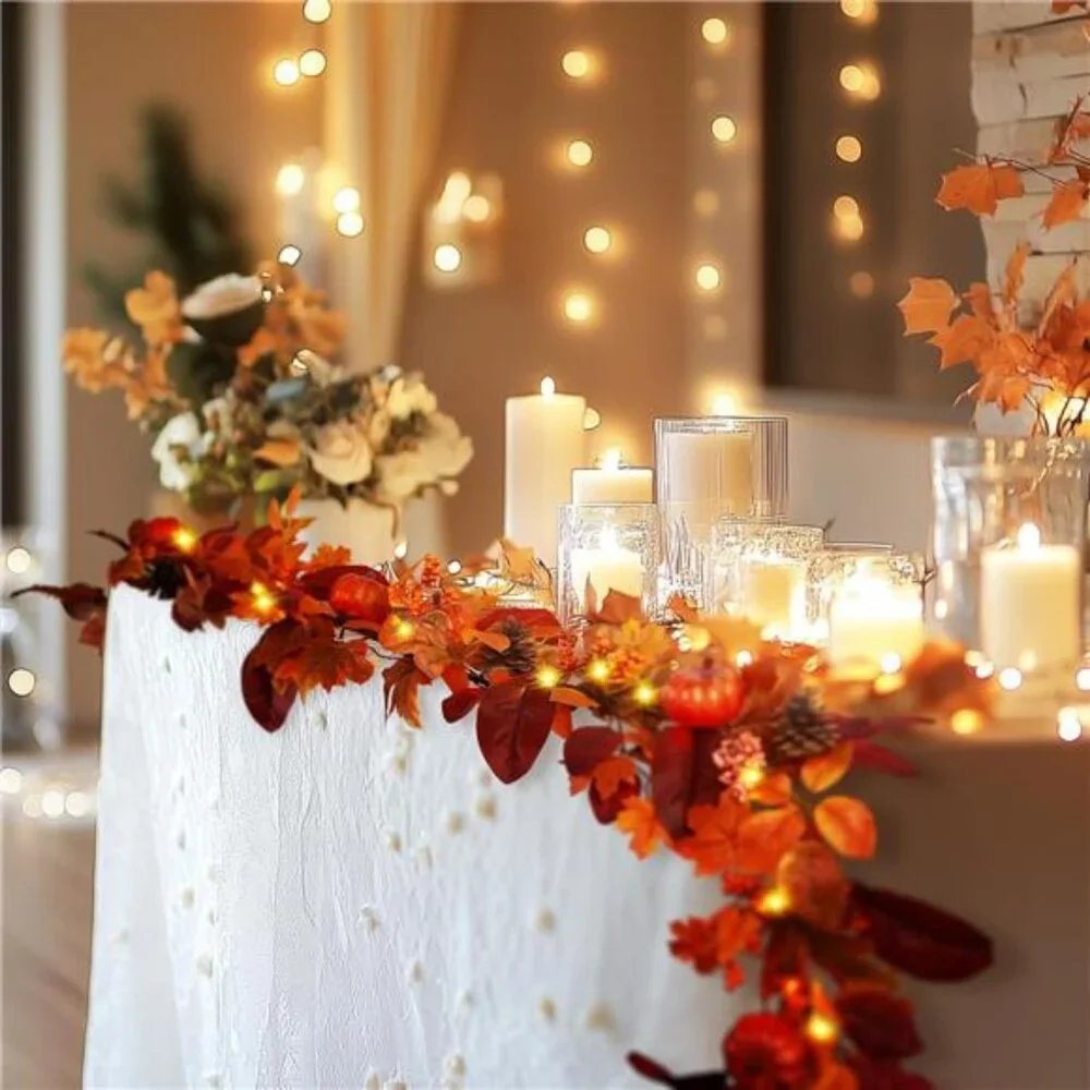 6ft Fall Garland with Lights, Autumn Leaves Garland with Realistic